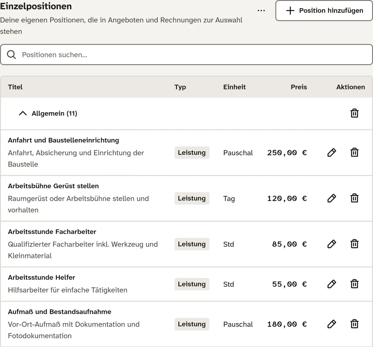 Katalog in Meyster: Einzelpositionen mit Typ, Einheit und Preis