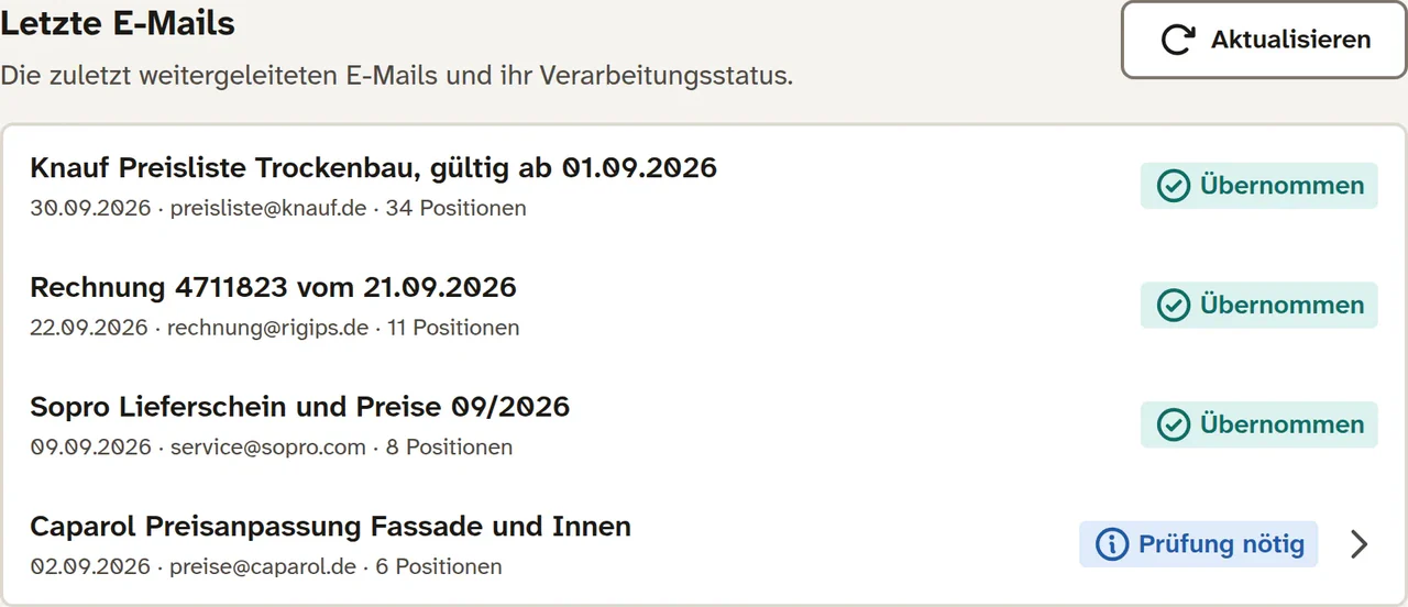 Preiseingang in Meyster: weitergeleitete Preislisten und Lieferantenrechnungen mit Status, Datum, Absender, Betreff und der Zahl übernommener Positionen