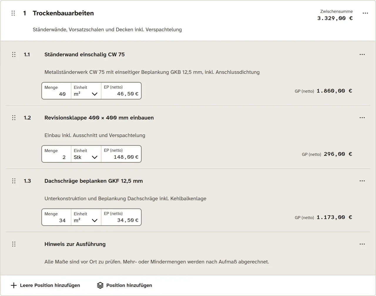 Angebotseditor in Meyster: die Positionsgruppe Trockenbauarbeiten mit Menge, Einheit, Einzelpreis, Gesamtpreis und Zwischensumme